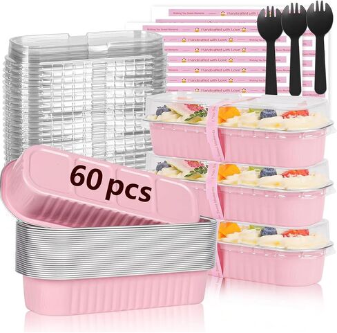 YQER 100 Pack Mini Cake Pans with Lids Spoons & 1 Piping Bag and Tips Set – 6.8oz Disposable Aluminum Foil Pink Mini Loaf Pans for Cake Tins, Baking, Gift & Parties in Saudi Arabia