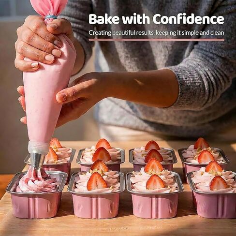YQER 100 Pack Mini Cake Pans with Lids Spoons & 1 Piping Bag and Tips Set – 6.8oz Disposable Aluminum Foil Pink Mini Loaf Pans for Cake Tins, Baking, Gift & Parties in Saudi Arabia