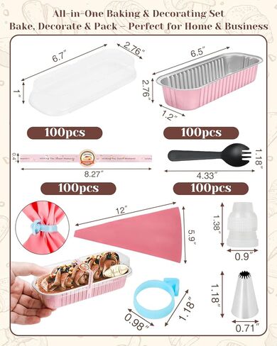 YQER 100 Pack Mini Cake Pans with Lids Spoons & 1 Piping Bag and Tips Set – 6.8oz Disposable Aluminum Foil Pink Mini Loaf Pans for Cake Tins, Baking, Gift & Parties in Saudi Arabia