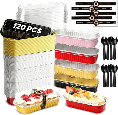YQER 100 Pack Mini Cake Pans with Lids Spoons & 1 Piping Bag and Tips Set – 6.8oz Disposable Aluminum Foil Pink Mini Loaf Pans for Cake Tins, Baking, Gift & Parties in Saudi Arabia