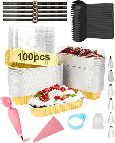 YQER 100 Pack Mini Cake Pans with Lids Spoons & 1 Piping Bag and Tips Set – 6.8oz Disposable Aluminum Foil Pink Mini Loaf Pans for Cake Tins, Baking, Gift & Parties in Saudi Arabia