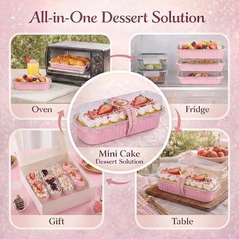 YQER 100 Pack Mini Cake Pans with Lids Spoons & 1 Piping Bag and Tips Set – 6.8oz Disposable Aluminum Foil Pink Mini Loaf Pans for Cake Tins, Baking, Gift & Parties in Saudi Arabia