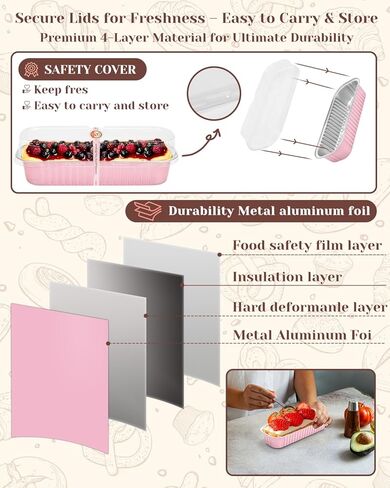 YQER 100 Pack Mini Cake Pans with Lids Spoons & 1 Piping Bag and Tips Set – 6.8oz Disposable Aluminum Foil Pink Mini Loaf Pans for Cake Tins, Baking, Gift & Parties in Saudi Arabia