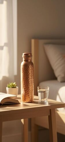 زجاجة مياه من النحاس النقي سعة 34oz - وعاء أيورفيدي مطروق مع غطاء مانع للتسرب - حاوية شرب كبيرة مصنوعة يدويًا للأيورفيدا in Kuwait