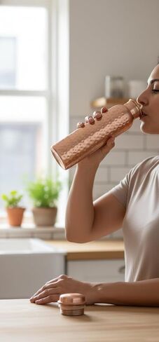زجاجة مياه من النحاس النقي سعة 34oz - وعاء أيورفيدي مطروق مع غطاء مانع للتسرب - حاوية شرب كبيرة مصنوعة يدويًا للأيورفيدا in Kuwait