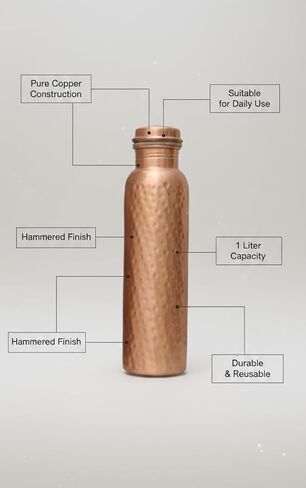 زجاجة مياه من النحاس النقي سعة 34oz - وعاء أيورفيدي مطروق مع غطاء مانع للتسرب - حاوية شرب كبيرة مصنوعة يدويًا للأيورفيدا in Kuwait