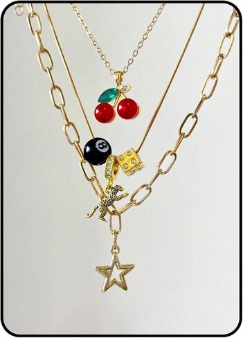 3pcs Cherry 8-Ball Necklace Set for Women，Gold Leopard Dice Star Charm Y2K Punk Charm Pendant Chain Stackable Layered Necklaces Fashion 2025 Trendy Classic Jewelry Gift in Saudi Arabia
