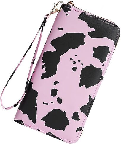 Cow Print PU Leather Wallet Zip Around Cash Coin Card Phone Holder Women Girls Wallet Long Wristlet Purse Clutch Handbag（White） in Saudi Arabia