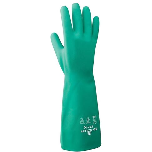 SHOWA 727 Chemical Resistant Gloves, 15-mil Unsupported Nitrile, 13-inch Extended Gauntlet, Bisque Grip, CE Cat III & Food Safe, Latex-Free, Green, Large, 12-Pack in Kuwait