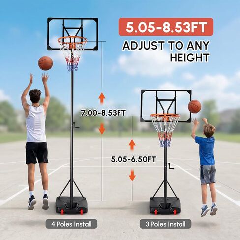 PEXMOR 5.05-8.53FT Portable Basketball Hoop, Adjustable to Any Height Easily, 33" Backboard for Teenagers, with Fillable Base & Wheels, Basketball Goal for Outdoor, Indoor, Backyard, Driveway in Kuwait