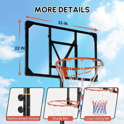 PEXMOR 5.05-8.53FT Portable Basketball Hoop, Adjustable to Any Height Easily, 33" Backboard for Teenagers, with Fillable Base & Wheels, Basketball Goal for Outdoor, Indoor, Backyard, Driveway in Kuwait