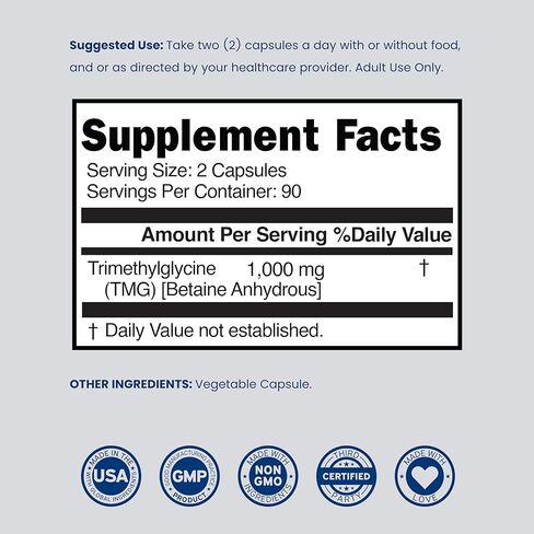 مكمل TMG Trimethylglycine 1000 مجم لكل جرعة (كمية تكفي لمدة 3 أشهر) - مكملات TMG للتحكم في الهوموسيستين - مثل البيتين اللامائي - نباتي، تم اختباره بواسطة طرف ثالث وغير معدل وراثيًا - صنع في الولايات المتحدة الأمريكية - (180 كبسولة) in Kuwait