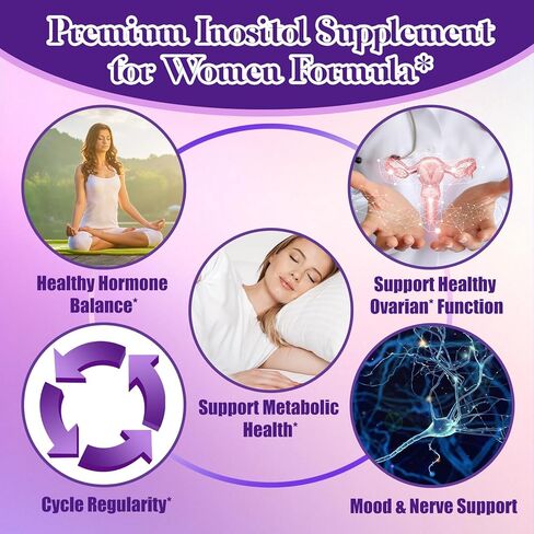 مكمل Myo-Inositol وD-Chiro Inositol للنساء، نسبة 40:1 تدعم توازن الهرمونات والمبيض مع. توت شجرة العفة العضوية، قرفة سيلان لتنظيم الدورة الصحية، المزاج، الأعصاب in Kuwait