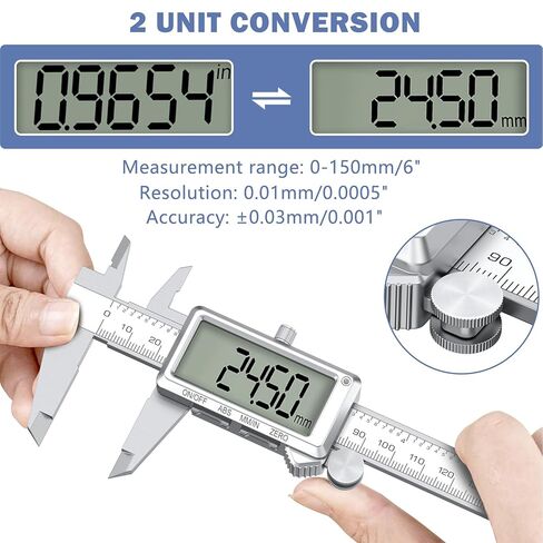 HDLNKAK 6"/150mm Rechargeable Digital Caliper, Inch/MM Conversion Caliper Measuring Tool with Large LCD Screen, Stainless Steel Caliper Tool for DIY/Household/3D-printing. in Kuwait