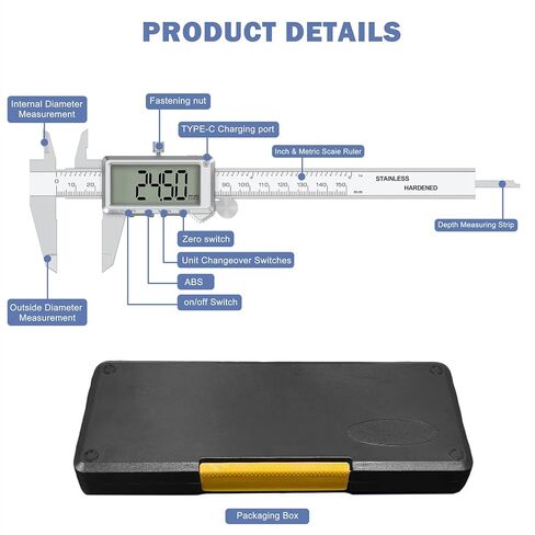 HDLNKAK 6"/150mm Rechargeable Digital Caliper, Inch/MM Conversion Caliper Measuring Tool with Large LCD Screen, Stainless Steel Caliper Tool for DIY/Household/3D-printing. in Kuwait