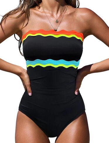 popvil Strapless Tummy Control One Piece Swimsuits for Women 2026 Neon Bandeau Bathing Suits in Saudi Arabia