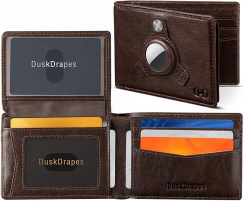 محفظة DuskDrapes الجلدية مع AirTag-RFID Blocking Bifold Wallet للرجال، حامل بطاقة ائتمان نحيف مع نافذة لبطاقة الهوية. فتحات للبطاقات وجيب للنقود، محفظة جلدية بنية للاستخدام اليومي والسفر (النمط A) in Saudi Arabia