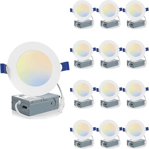 Meconard 12 Pack 6 Inch LED Recessed Ceiling Light, 2700K/3000K/3500K/4000K/5000K Selectable, Dimmable 12W=110W, 1050LM, IC Rated Can-Killer Downlights with Junction Box, ETL and Energy Star Listed in Kuwait