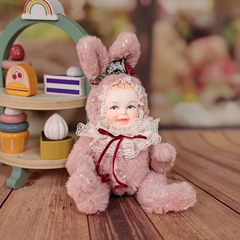 8 Inch Rabbit Hand-Painted Porcelain Face Doll with Plush ＆ Acrylic Cotton Body, Mini Kawaii High-Color Makeup Ceramic Doll for Room Decor, Birthday Gifts, Collectible，Name Jade (Grey) in Saudi Arabia
