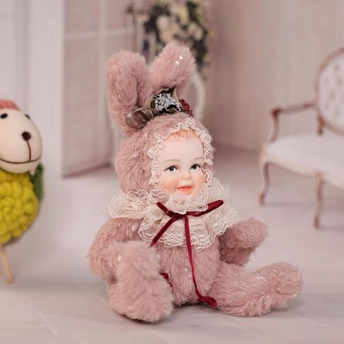 8 Inch Rabbit Hand-Painted Porcelain Face Doll with Plush ＆ Acrylic Cotton Body, Mini Kawaii High-Color Makeup Ceramic Doll for Room Decor, Birthday Gifts, Collectible，Name Jade (Grey) in Saudi Arabia