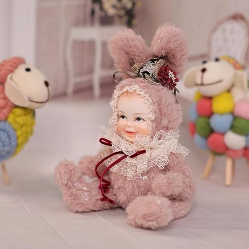 8 Inch Rabbit Hand-Painted Porcelain Face Doll with Plush ＆ Acrylic Cotton Body, Mini Kawaii High-Color Makeup Ceramic Doll for Room Decor, Birthday Gifts, Collectible，Name Jade (Grey) in Saudi Arabia