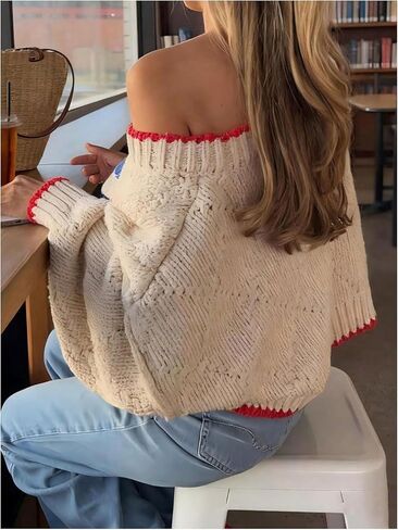 Verdusa Women's Oversized Off The Shoulder Sweater Fish Print Fall Argyle Knit Pullover Tops Winter Clothes in Saudi Arabia