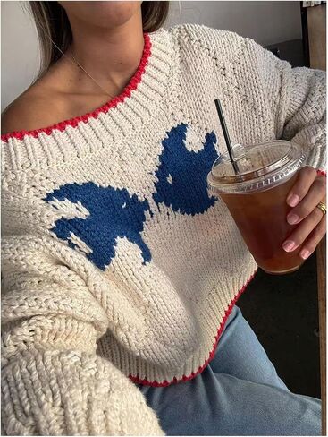Verdusa Women's Oversized Off The Shoulder Sweater Fish Print Fall Argyle Knit Pullover Tops Winter Clothes in Saudi Arabia
