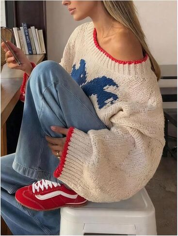 Verdusa Women's Oversized Off The Shoulder Sweater Fish Print Fall Argyle Knit Pullover Tops Winter Clothes in Saudi Arabia