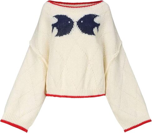 Verdusa Women's Oversized Off The Shoulder Sweater Fish Print Fall Argyle Knit Pullover Tops Winter Clothes in Saudi Arabia