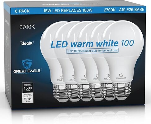 مصابيح إضاءة LED Great Eagle A19 مكافئة 100 وات، مصابيح إضاءة بيضاء باردة 4000K، 15 وات غير قابلة للتعتيم، 1500 لومن (6 عبوات) in Kuwait