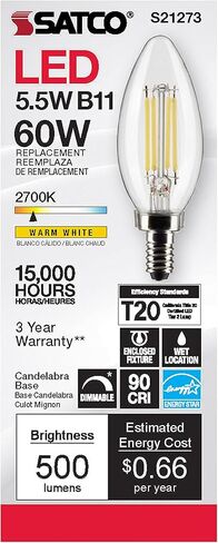 مصابيح إضاءة شمعدان Satco S21273 LED B11، 5.5 وات، 2700 كلفن أبيض دافئ، 500 لومن، شفاف، 120 فولت، E12، قابلة للتعتيم، موقع مبلل، 6 عبوات in Kuwait
