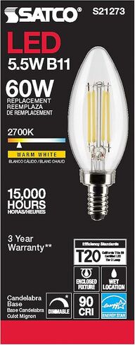 مصابيح إضاءة شمعدان Satco S21273 LED B11، 5.5 وات، 2700 كلفن أبيض دافئ، 500 لومن، شفاف، 120 فولت، E12، قابلة للتعتيم، موقع مبلل، 6 عبوات in Kuwait