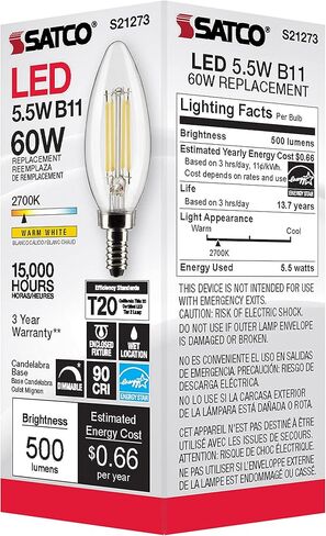 مصابيح إضاءة شمعدان Satco S21273 LED B11، 5.5 وات، 2700 كلفن أبيض دافئ، 500 لومن، شفاف، 120 فولت، E12، قابلة للتعتيم، موقع مبلل، 6 عبوات in Kuwait