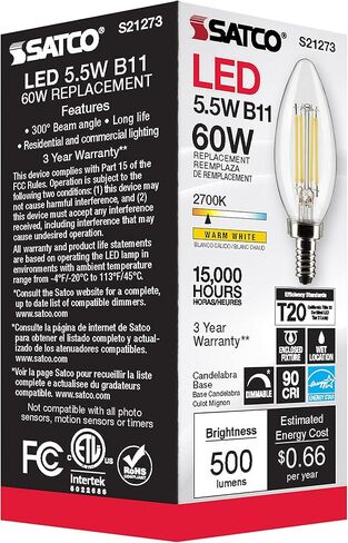مصابيح إضاءة شمعدان Satco S21273 LED B11، 5.5 وات، 2700 كلفن أبيض دافئ، 500 لومن، شفاف، 120 فولت، E12، قابلة للتعتيم، موقع مبلل، 6 عبوات in Kuwait