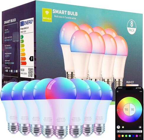 مصابيح الإضاءة الذكية LED من FRIDEKO HOME - مصابيح إضاءة Wi-Fi وBluetooth، لمبة إضاءة متغيرة اللون متوافقة مع Alexa وGoogle Assistant، لمبة إضاءة A19 E26 RGBTW، 800LM (4 عبوات) in Kuwait