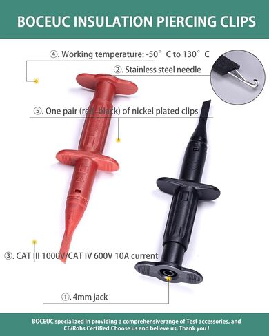 مشابك اختبار بمشبك متعدد يؤدي لمسبار اختبار التوصيل 4 مم، CAT III 1000V/CAT IV 600V، 10A لاختبار الدوائر الإلكترونية (زوج واحد، أحمر أسود) in Kuwait