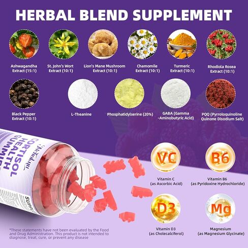 Cortisol Supplements for Women, Sugar-Free Cortisol Gummies with Ashwagandha, Magnesium, L-theanine, Rhodiola Rosea for Mood, Focus, Zzz Support-Vegan Raspberry Flavor, 60 Count in Saudi Arabia