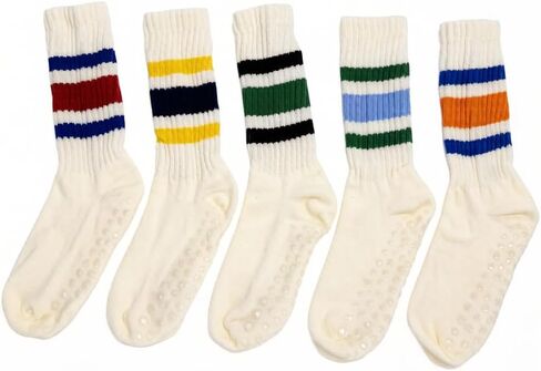 Vintage Striped Pilates Socks for Women Preppy Crew Grip Yoga Socks for Barre Dance Retro Slouch Grippy Socks 5PCS Striped in Kuwait