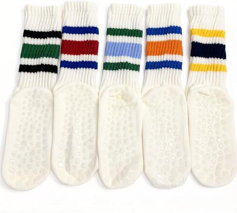 Vintage Striped Pilates Socks for Women Preppy Crew Grip Yoga Socks for Barre Dance Retro Slouch Grippy Socks 5PCS Striped in Kuwait