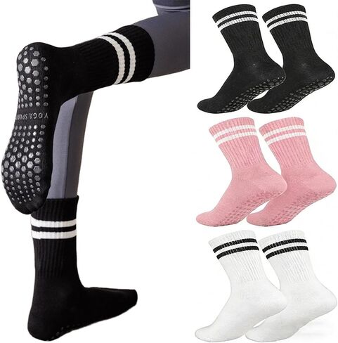 INOGIH Pilates Socks with Grips for Women - 3 Pairs Yoga Crew Ballet Barre Hospital Gym Athletic Socks in Kuwait