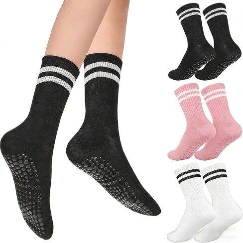 INOGIH Pilates Socks with Grips for Women - 3 Pairs Yoga Crew Ballet Barre Hospital Gym Athletic Socks in Kuwait