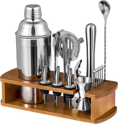 16 Piece Bartender Kit with Bamboo Stand | Cocktail Shaker Set Essential Bar Tools Wine Shaker Ice Filter Mixing Spoon Jigger Wine Dispenser in Kuwait
