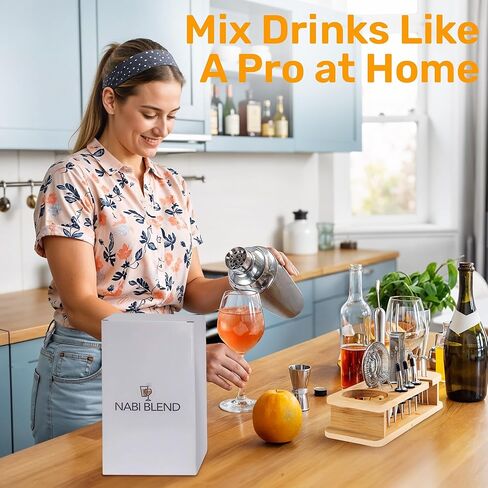 16 Piece Bartender Kit with Bamboo Stand | Cocktail Shaker Set Essential Bar Tools Wine Shaker Ice Filter Mixing Spoon Jigger Wine Dispenser in Kuwait