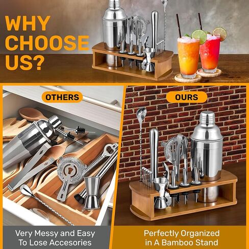 16 Piece Bartender Kit with Bamboo Stand | Cocktail Shaker Set Essential Bar Tools Wine Shaker Ice Filter Mixing Spoon Jigger Wine Dispenser in Kuwait