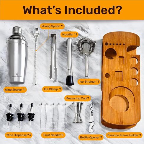 16 Piece Bartender Kit with Bamboo Stand | Cocktail Shaker Set Essential Bar Tools Wine Shaker Ice Filter Mixing Spoon Jigger Wine Dispenser in Kuwait