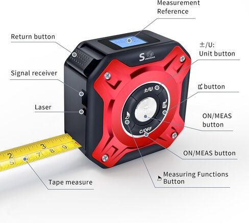 5 in 1 Laser Tape Measure with Level | 196ft/60M Laser Distance Meter Display On Backlit LCD Screen with 16ft/5m AutoLock Measuring Tape | Ft/Inch/Fractions/M/mm (Red 2in1 Laser) in Kuwait