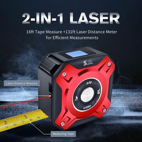 5 in 1 Laser Tape Measure with Level | 196ft/60M Laser Distance Meter Display On Backlit LCD Screen with 16ft/5m AutoLock Measuring Tape | Ft/Inch/Fractions/M/mm (Red 2in1 Laser) in Kuwait
