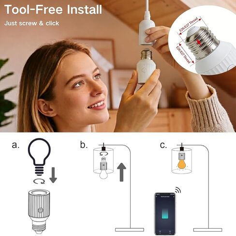 محول مقبس لمبة إضاءة LoraTap Smart Wi-Fi، صوت لـ Alexa/Google، مجموعة تطبيقات الحياة الذكية ومؤقت، 60 وات كحد أقصى، متوافق مع ساطع، E26/E27 in Kuwait