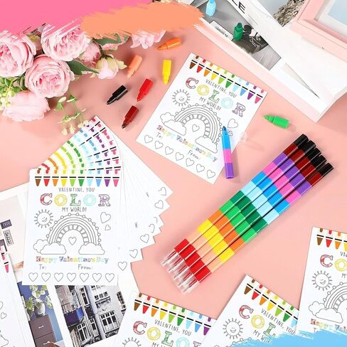 24 PCS Valentine's Day Kids Gift Sets DIY Valentines Coloring Corning Card 10 Color Clostable Clayon Valentines School Classroom Exchange Card Boys Boys Art Party Girl (Pen) in Kuwait