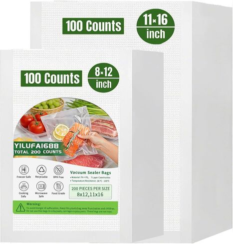 200 Pcs Vacuum Sealer Bags Food Saver Bag 2 Sizes (6"x10" & 8"x12") Freezer Bags,Commercial Grade, BPA Free,Pre Cut, Airtight Seal for Food Storage, Sous Vide, Freezer & All Clamp Style Machines in Kuwait